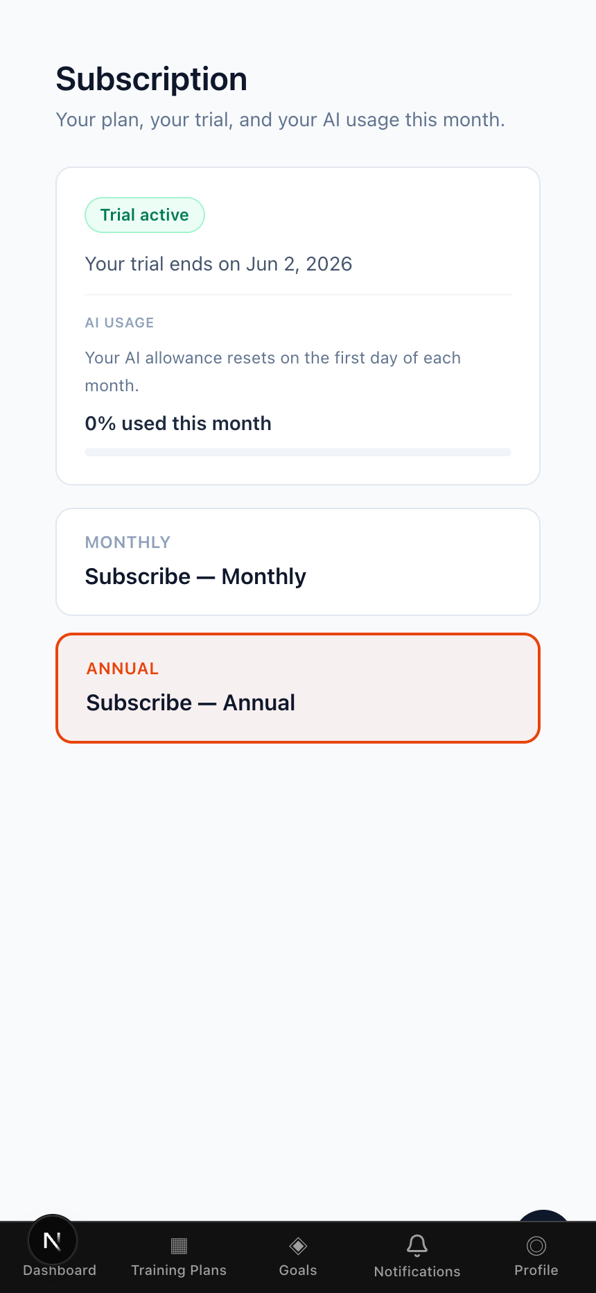 Subscription page showing active trial and monthly or annual upgrade options