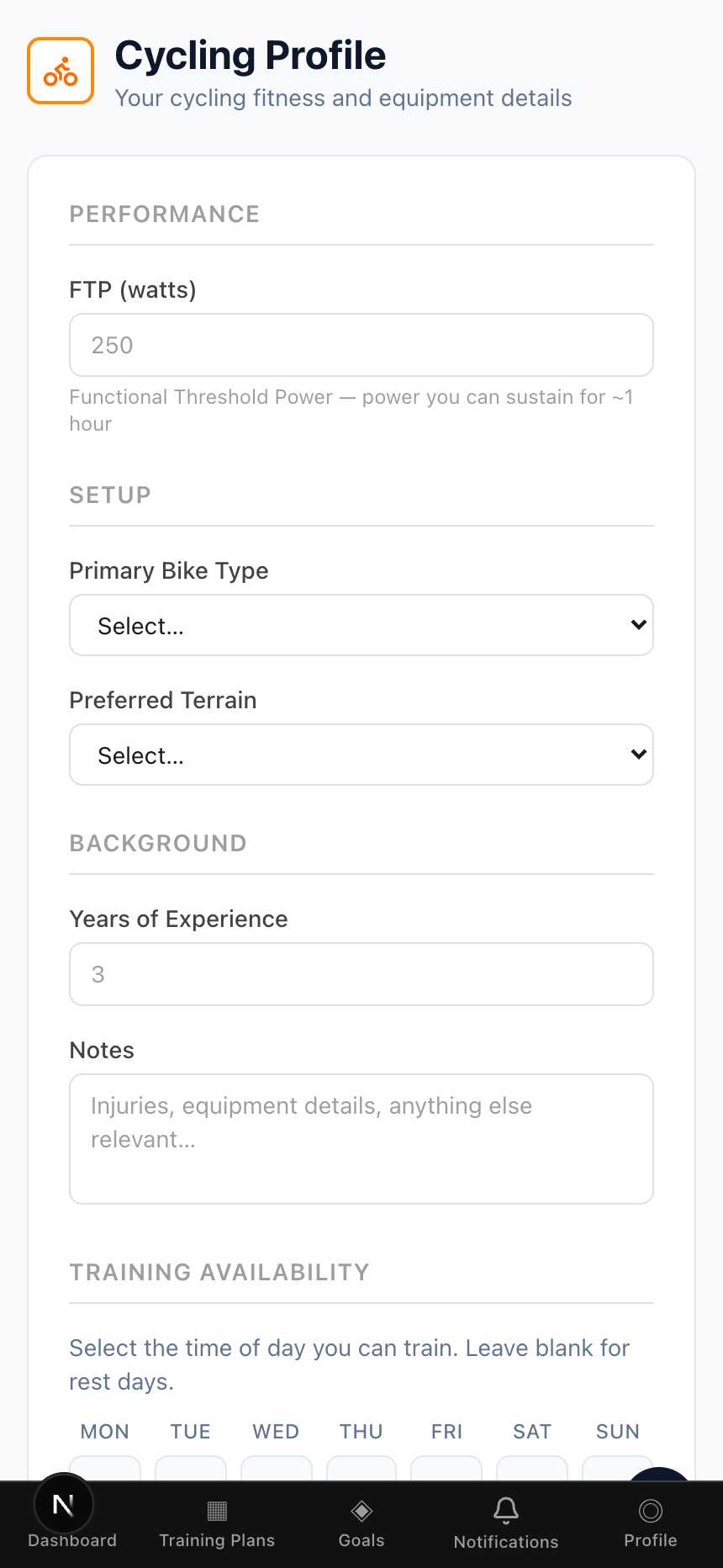 Cycling sport profile with FTP, equipment and weekly availability