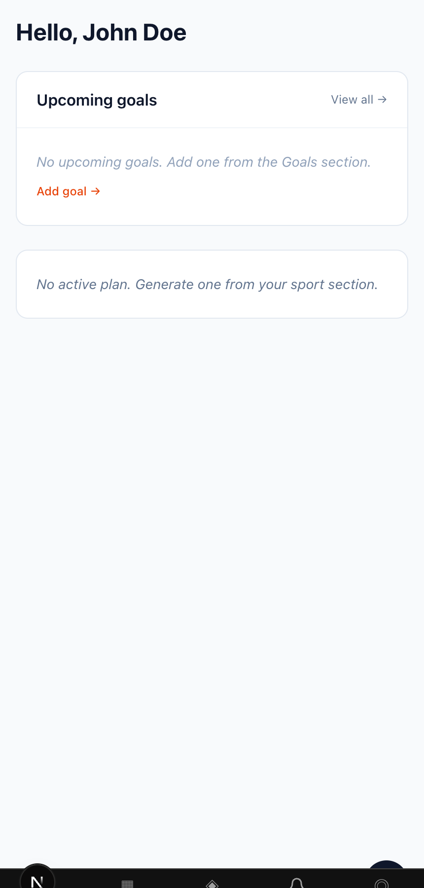 Peaking athlete dashboard with goals and navigation sidebar