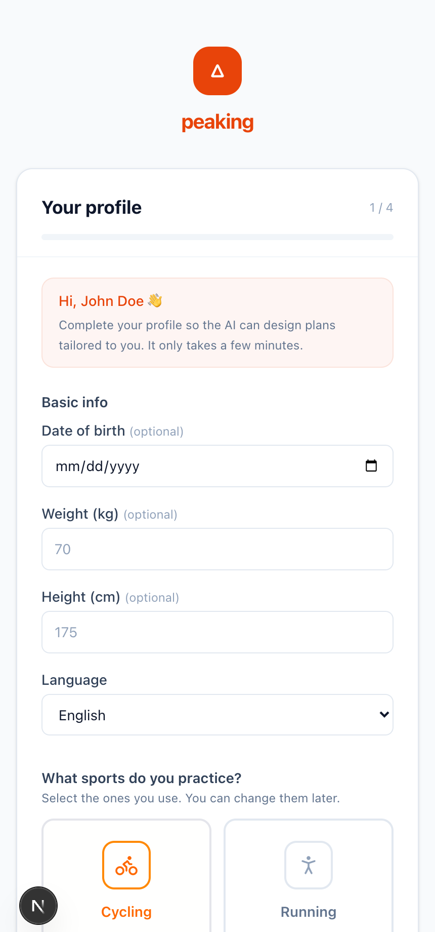 Onboarding wizard first step with basic info and sport selection