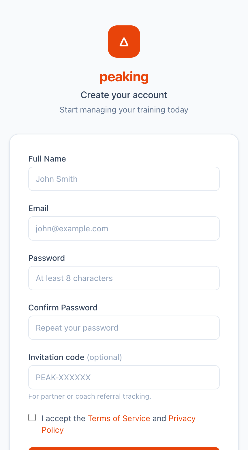 Peaking registration form with name, email and password fields